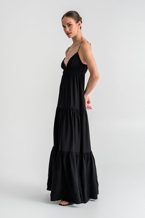 Maxi φόρεμα σε Α γραμμή με τιράντες και βολάν (BLACK)