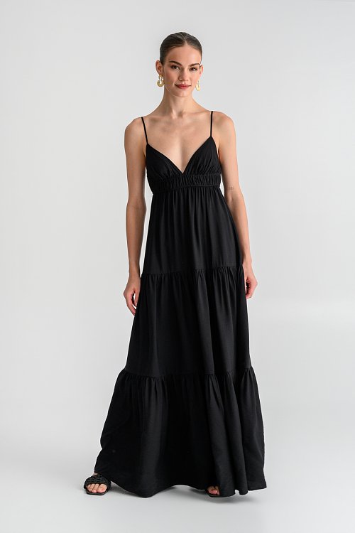 Maxi φόρεμα σε Α γραμμή με τιράντες και βολάν (BLACK)