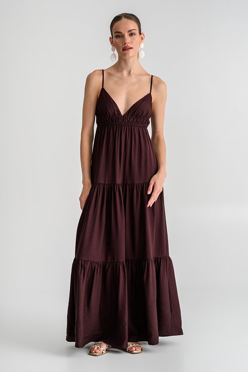 Maxi φόρεμα σε Α γραμμή με τιράντες και βολάν (BROWN)