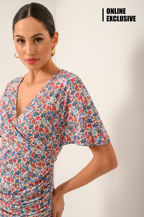 Mini floral dress with shirring detail