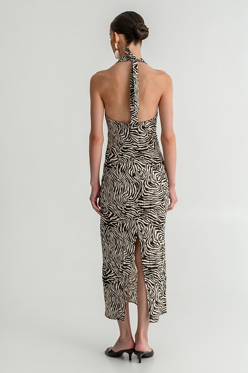 Midi rustic halter dress with slit detail and zebra print