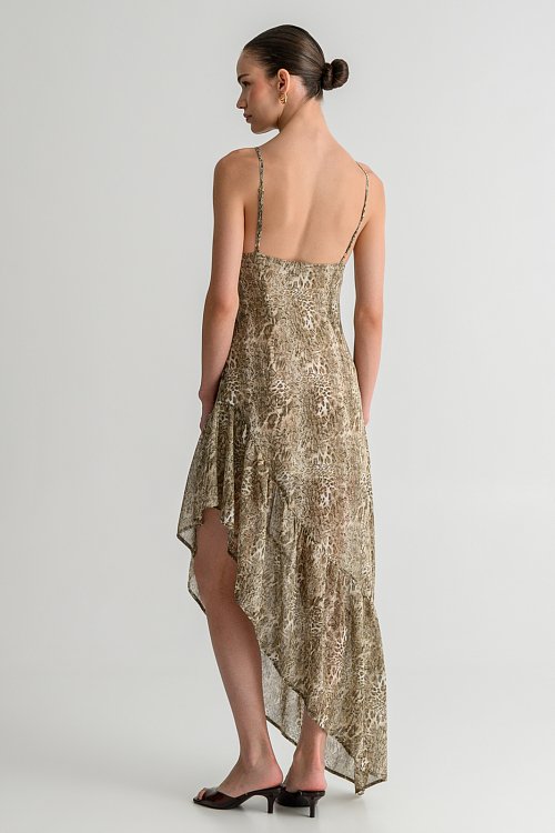 Midi φόρεμα με snake print και ασύμμετρο τελείωμα