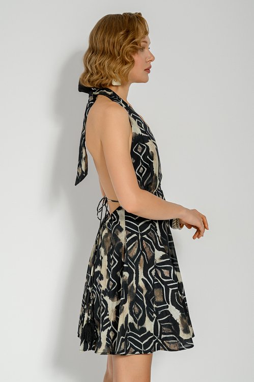 Mini klos dress with print and neck-tie
