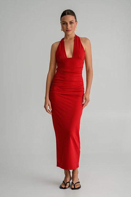 Maxi λύκρα halter φόρεμα με σούρες (RED) φωτογραφία
