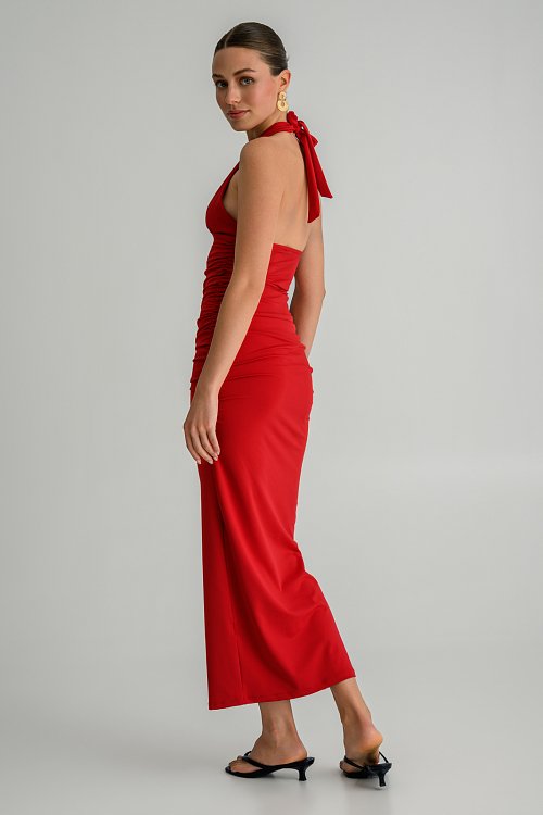 Maxi λύκρα halter φόρεμα με σούρες (RED) φωτογραφία