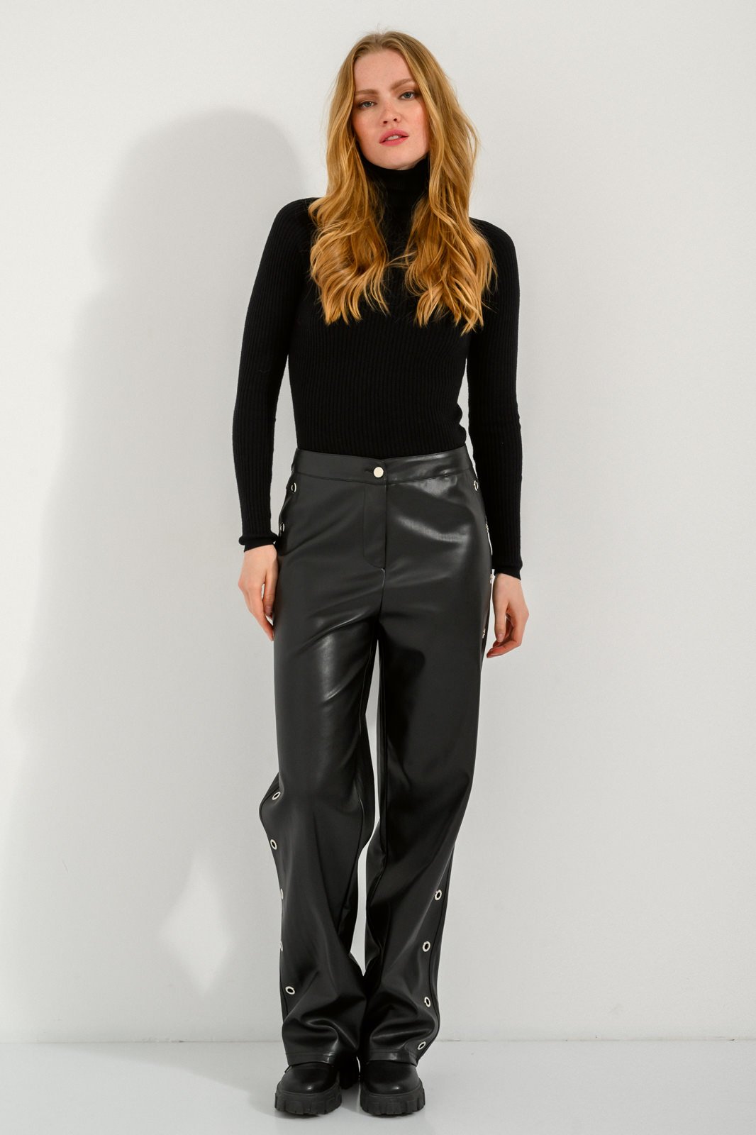 Wide leg trousers with leather effect