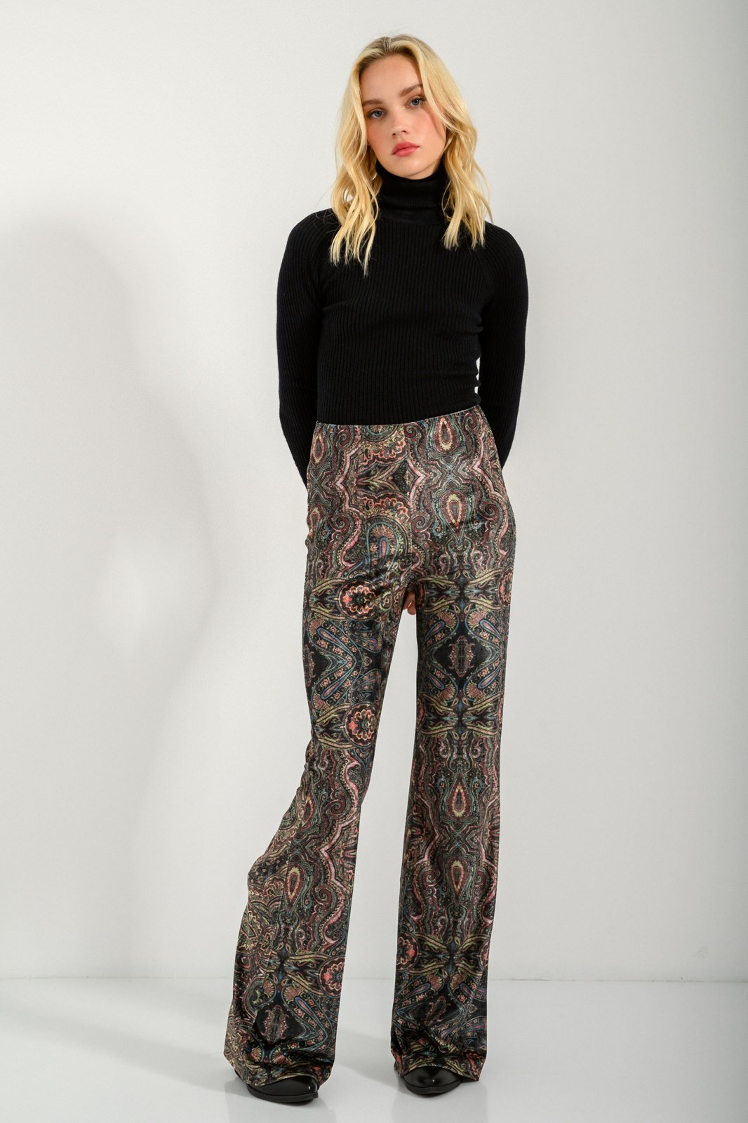 Flared paisley trousers with velvet effect