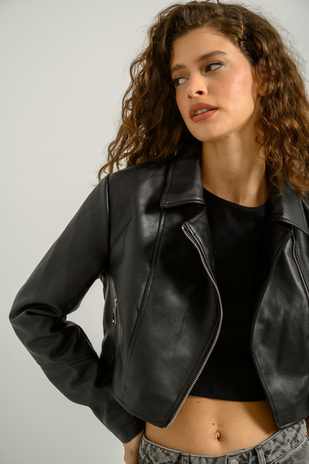 Womens Black Cropped Biker Leather Jacket