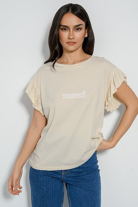 T-shirt με τύπωμα και βολάν στα μανίκια