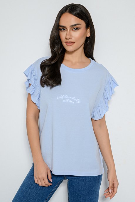 T-shirt με τύπωμα και βολάν στα μανίκια