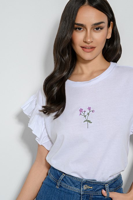 T-shirt με τύπωμα και βολάν στα μανίκια
