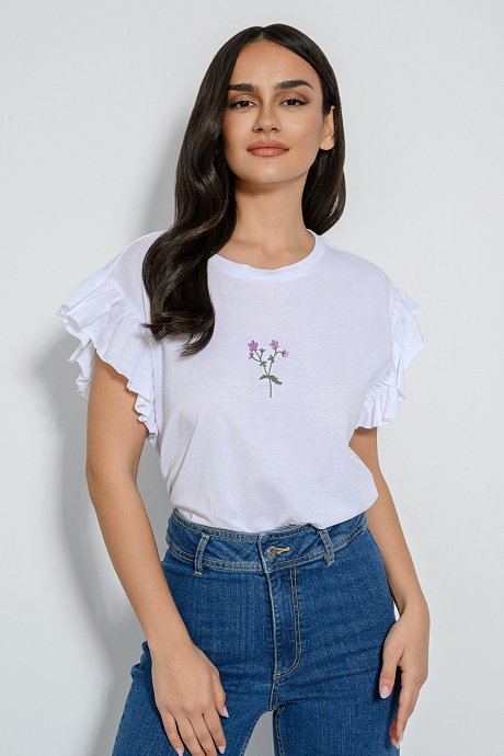 T-shirt με τύπωμα και βολάν στα μανίκια