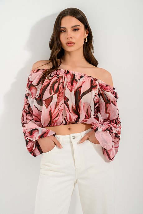 Off shoulder φλοράλ κροπ τοπ με χρυσοκλωστή
