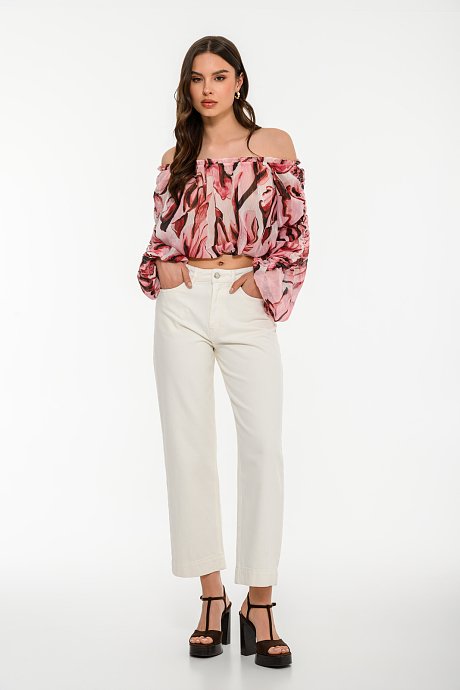 Off shoulder φλοράλ κροπ τοπ με χρυσοκλωστή