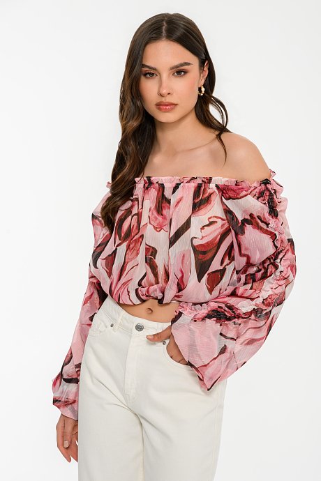 Off shoulder φλοράλ κροπ τοπ με χρυσοκλωστή