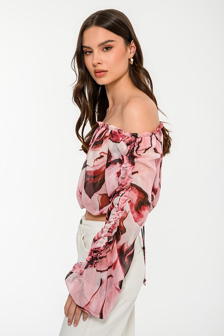 Off shoulder φλοράλ κροπ τοπ με χρυσοκλωστή