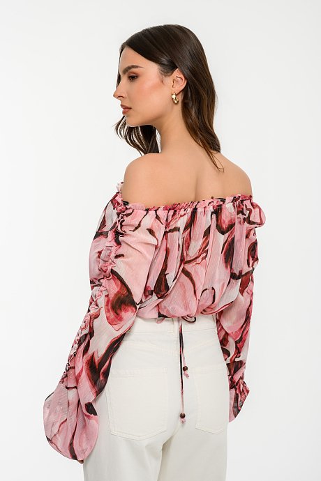 Off shoulder φλοράλ κροπ τοπ με χρυσοκλωστή