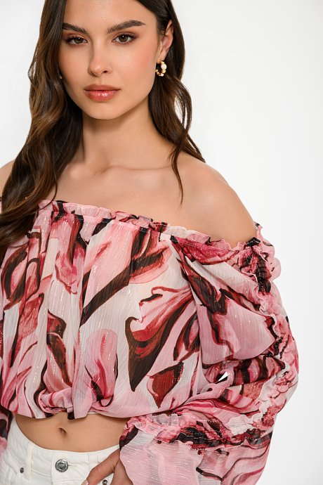 Off shoulder φλοράλ κροπ τοπ με χρυσοκλωστή