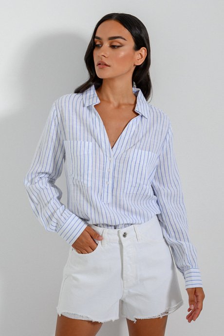 Linen blouse with stripes and lapel collar