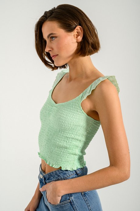 Shirring cropped top with ruffled details