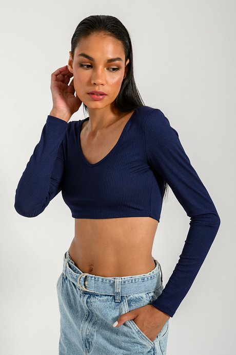 Rib cropped top with V neckline