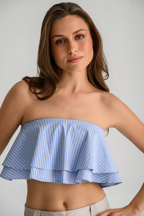 Strapless ριγέ κροπ τοπ ποπλίνα με βολάν