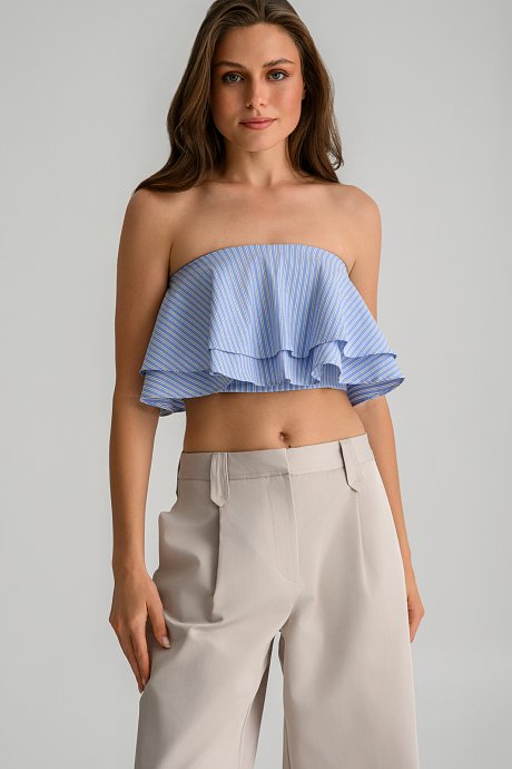 Strapless ριγέ κροπ τοπ ποπλίνα με βολάν