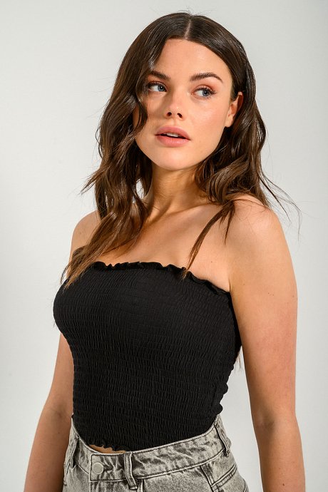 Strapless cropped top with shirring detail