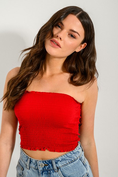 Strapless cropped top with shirring detail