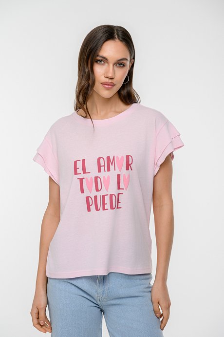 T-shirt με τύπωμα και μανίκι με λεπτομέρεια