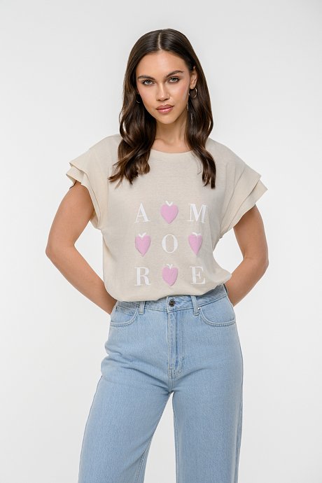 T-shirt με τύπωμα και μανίκι με λεπτομέρεια