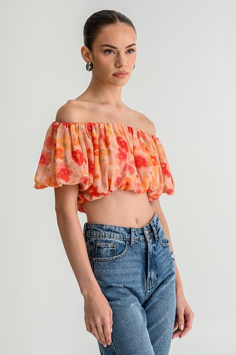 Φλοράλ σιφόν off shoulder κροπ τοπ