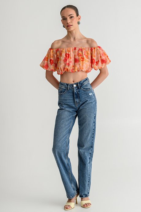 Φλοράλ σιφόν off shoulder κροπ τοπ