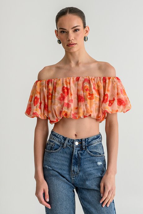 Φλοράλ σιφόν off shoulder κροπ τοπ