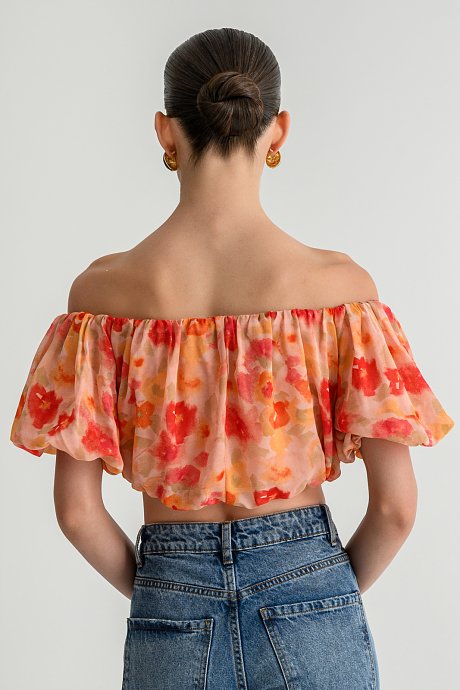 Φλοράλ σιφόν off shoulder κροπ τοπ