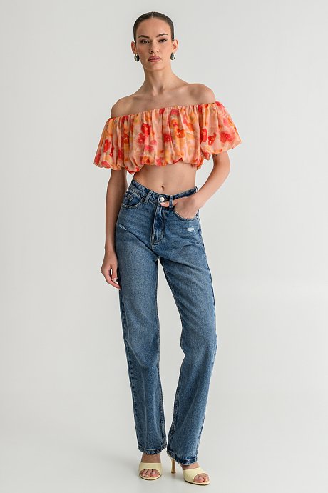 Φλοράλ σιφόν off shoulder κροπ τοπ