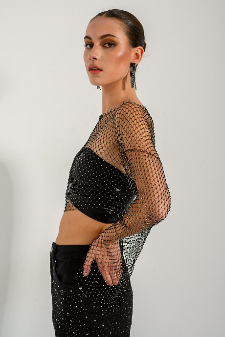 Chain mesh cropped top with strass details