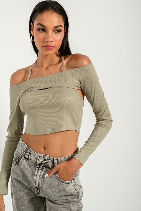 Rib cropped top with sleeves