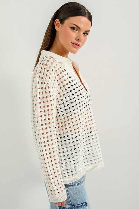 Net knitted top with polo collar