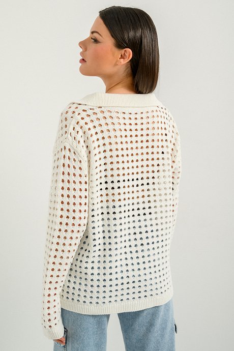 Net knitted top with polo collar