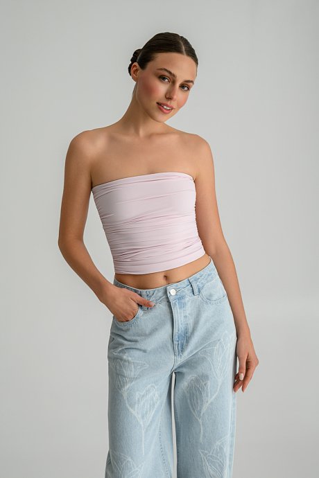 Strapless λύκρα κροπ τοπ με σούρες