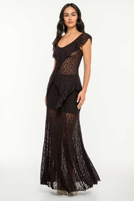 Asymmetrical lace top with ruffle details