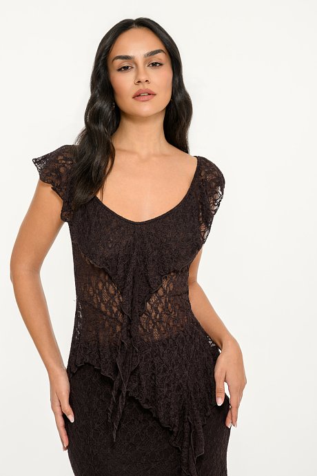 Asymmetrical lace top with ruffle details