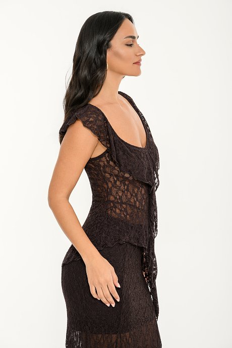 Asymmetrical lace top with ruffle details