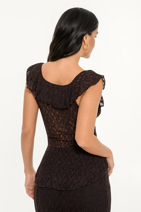 Asymmetrical lace top with ruffle details