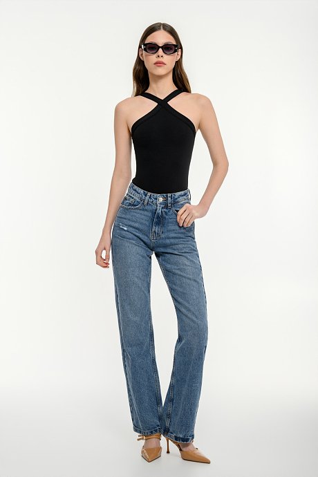 Knit bodysuit with cross neckline