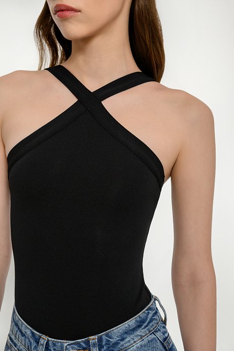 Knit bodysuit with cross neckline