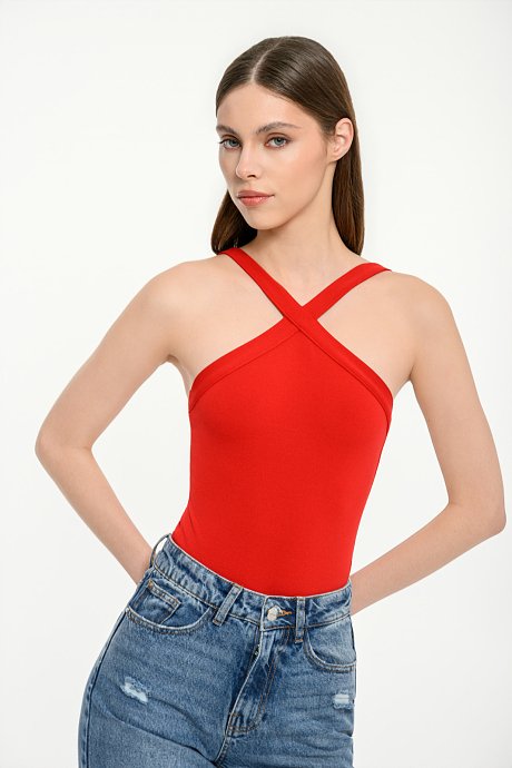 Knit bodysuit with cross neckline