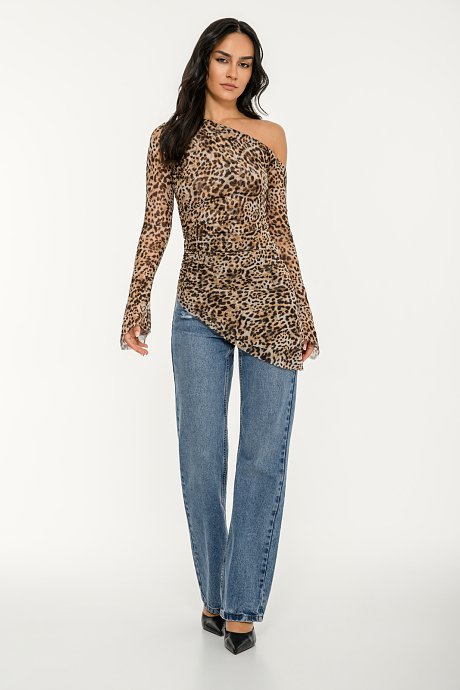 Asymmetric tulle top with leopard print and shirring details