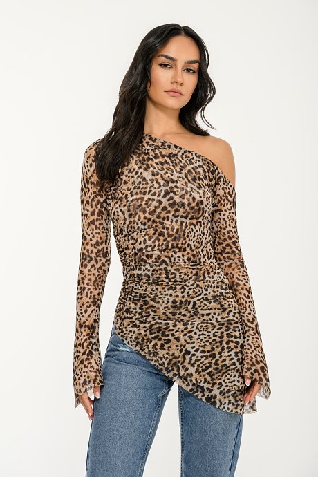 Asymmetric tulle top with leopard print and shirring details
